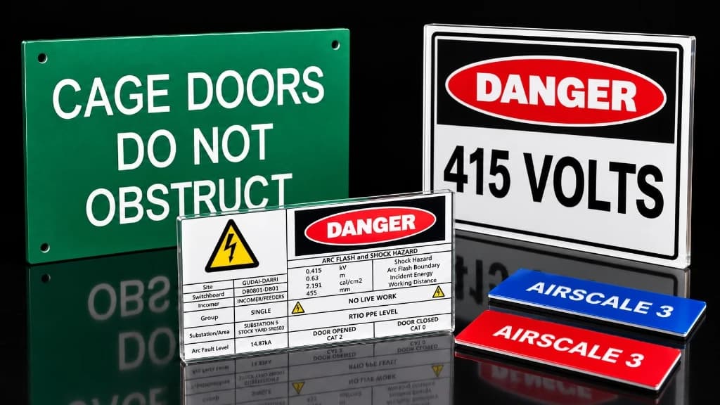 Acrylic and Traffolyte Laser Engraved Safety Signs and Equipment Labels