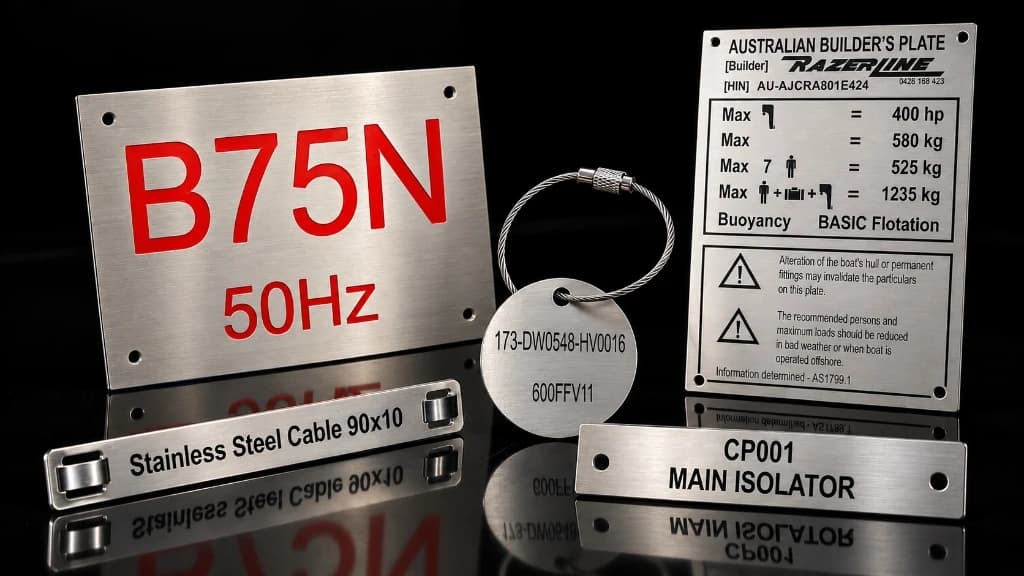 Stainless Steel Laser Engraved Builder Plates, Valve Tags and Cable Markers